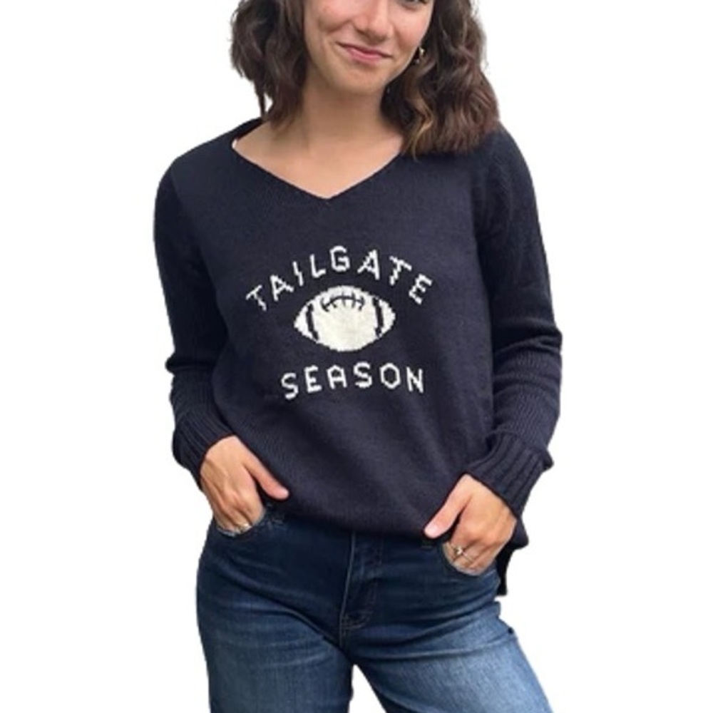 Wooden Ships Tailgate Season Navy Blue White Sweater Mohair Wool Long Sleeve M L